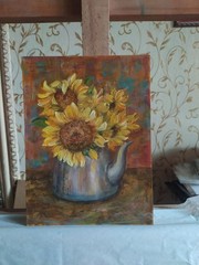 art 816 Sunflowers – Bright original Acrylic Floral Painting 13×9 in / 32×24 cm