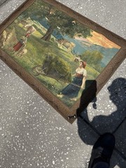 Large Antique Original Oil ? Tapestry Painting Farm Landscape 43”Wx30”Tall