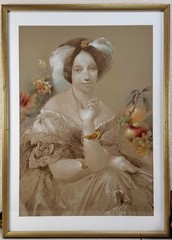 Antique Pastel Victorian Lady Portrait Painting Woman Fruit Roses 19th C English