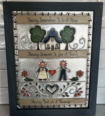 Vintage Handmade Punched Metal Painting Framed Folk Art Cottagecore Wall Artwork
