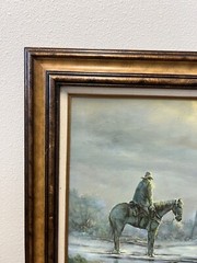 G. Hrat Oil Art Painting Wooden Frame 32”/28” A Man On Horse Village Landscape