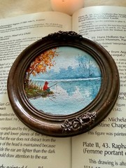 miniature oil painting, original painting ,lake landscape ,fisherman painting