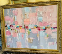 KADLIC Original Oil Painting Modern Abstract Landscape Pinks Gold Gilt 22” Frame