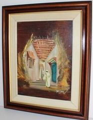 VINTAGE MIXED MEDIA MASONITE BOARD SIGNED ACHIBANE MOROCO STREET VILLAGE SCENE