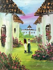 Original Hand Painted Ceramic Tile Art Village Landscape Signed Dated 2000