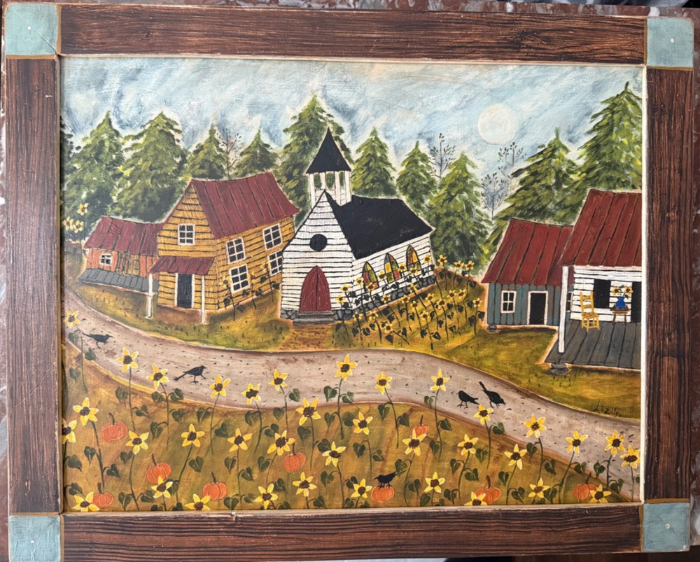 Liz Sullivan Folk Art Painting „AUTUMN NORTH CAROLINA“ Crows Pumpkins Sunflowers