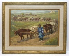 LISTED BORIS VASSILOFF Sd ORIG O/B MONGOLIAN OXEN CARTS FIGURES in LANDSCAPE