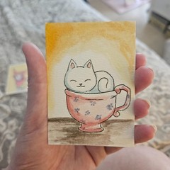ACEO Art Original Acrylic, 2.5 x 3.5 inches, kitty in a tea cup