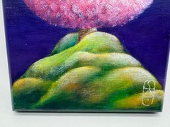 Sharon Davie Barrett Acrylic Painting of Tree on Wood Titled Pink Powder Puff