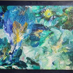 Original Abstract Fluid Art Painting Acrylic Pour Blue Green Gold 30×36 Framed