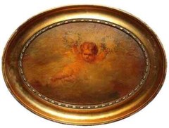 B0777 – Oil Painting on Metal c.1800 Angel Laurel Wreath Baroque Antique – 34.6cm