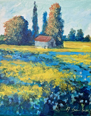 8*10 Acrylic Painting – Countryside Field with Cottage, Autumn Trees A Sembereck