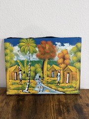 Signed Haitian Folk Art Village Landscape Painting 16 x 12 Colorful Naive