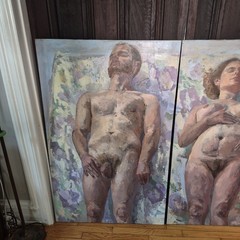 2 Original Contemporary Figurative Matching Oil Paintings Unsigned Nude Couple