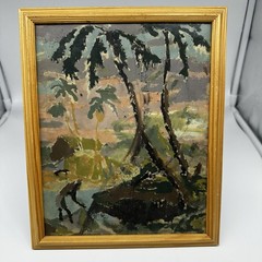 Vintage Tropical Landscape Painting Palm Trees Bird Framed Mid Century Art 27×23