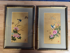 Vintage silk batik paintings by artist P. Chan feature delicate bird and rose