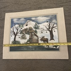 Vntg Christmas Folk Art Painting Cabin Snow Tree Moose 16” X 20” Original