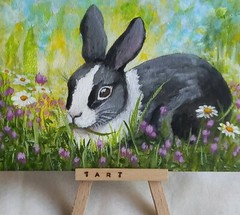 Summer Original Acrylic Painting Landscape Rabbit Meadow Flowers Art 5 x 7 in