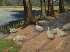 Philipp Jakob Erlanger Signed Oil Painting on Cardboard, 1923 Ducks by the Lake