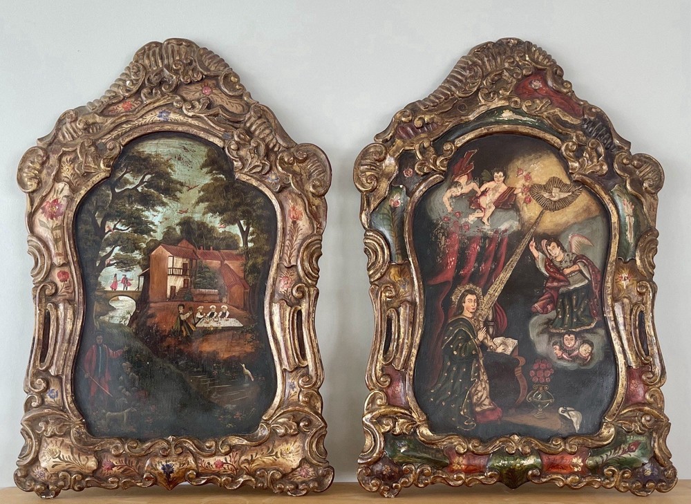 Cusco School Style Peruvian Colonial Religious Painted Wood Panels Carved Gilt