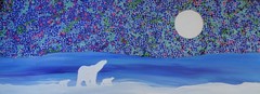 Polar bear with cubs, acrylic painting 12×36 canvas, original art ready to hang