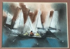 Vintage WILLIAM JACOBS Abstract Pastel Painting Modern Art Wall Hanging Nautical