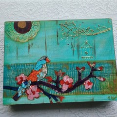 Original Signed Mixed Media Abstract Art Painting Teal Bird Cherry Branch 9×12″