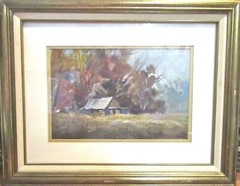 Original Framed Water Color/Gouache Painting, Rural Country Scene Farm, 11+x7+