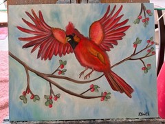 Original oil painting signed 11 x 14 in red bird cardinal