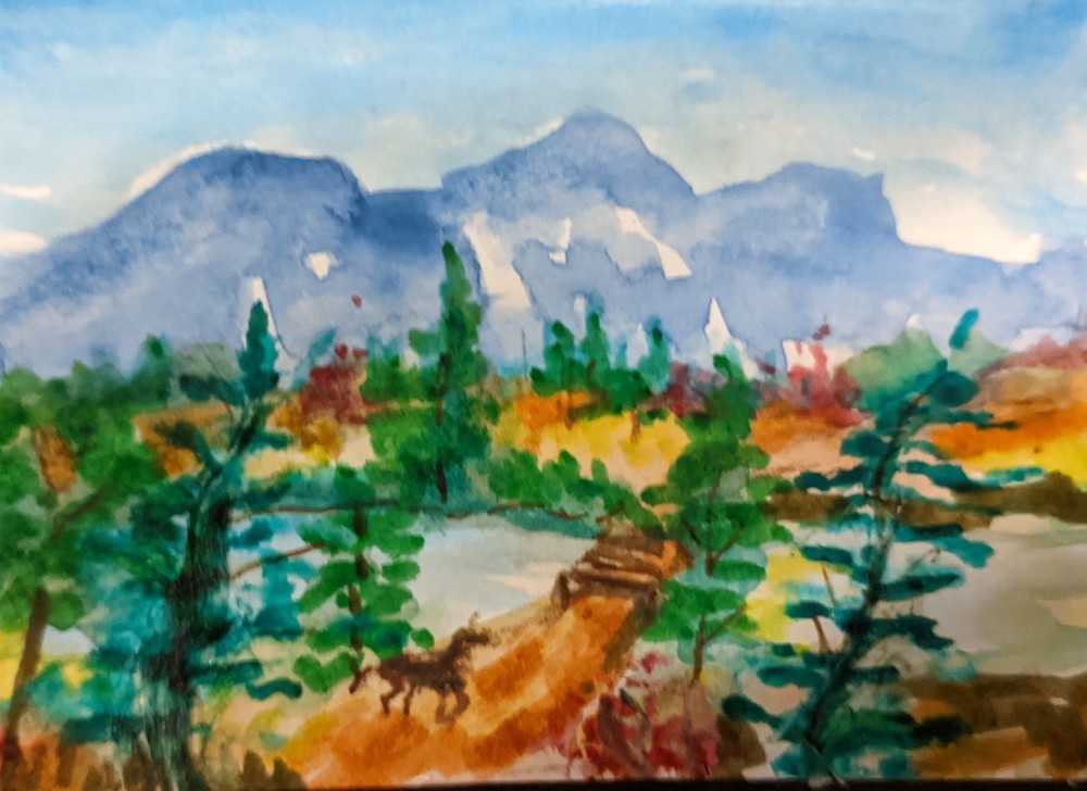 ACEO Original Watercolor Painting Signed Country View waterfall, mountain