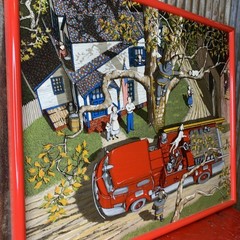H. HARGROVE Painting of Fire Truck and Cat In The Tree. HUGE!