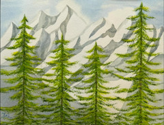 PAINTING WATERCOLOR 11X14 AND WHITE MAT 16X20 MOUNTAINS TREES SNOW LANDSCAPE ART