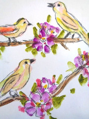 One Of A Kind – 3 CUTE YELLOW SINGING BIRDS FLOWERS Watercolor Painting