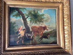18th Century Paul and Virginia Cow Dog Stream Landscape Blue Sky French Oil