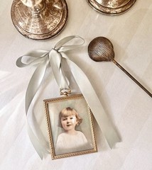 Antique Original Signed Miniature Portrait Oil Painting of Child with Ribbon