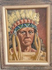 Taos Artist Manville Chapman (1903-1978)Oil Board Painting “Indian W/War Bonnet”