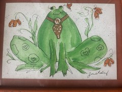 OOAK Vintage Frog Watercolor Painting Hearts Flowers Signed Framed Matted 9×7”