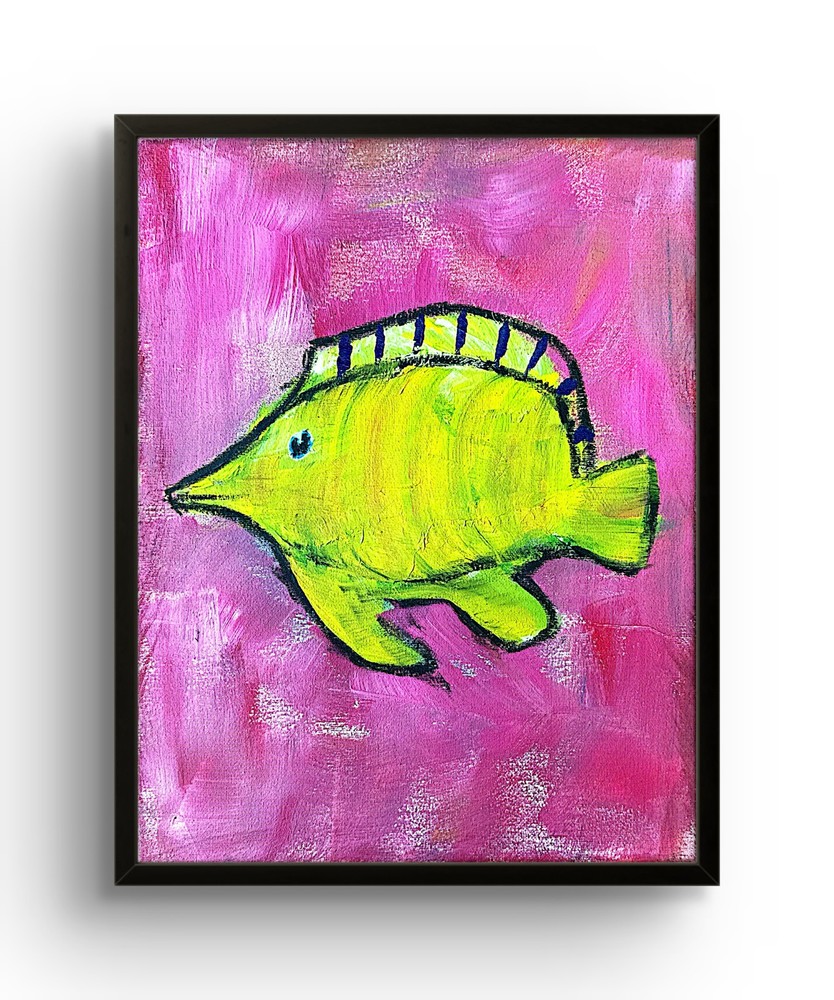 Original Tropical Fish Painting 11×14 Acrylic Canvas Pink Green Black Signed