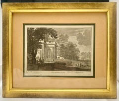 ANTIQUE NICOLAS PERELLE ETCHING, LANDESCAPE WITH RIVER & FIGURES, FRAMED, vg