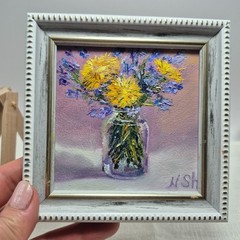 Original autographed oil painting in a frame. Dandelions. Impressionism. 4×4 inc