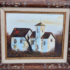 Vintage Oil Acrylic Painting Church Scene Hand Carved Frame MCM 16×18 Framed