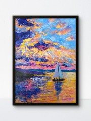 Original Sunset Sky Seascape Yacht Painting 12х16 Expressionist Nautical Art