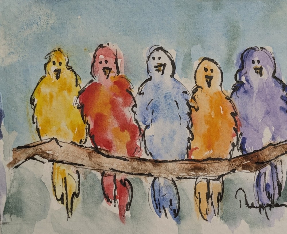 Birds on a Branch – Original ACEO or ATC Unmatted watercolor miniature painting