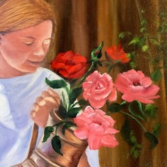 Girl with flowers Young woman portrait original painting Vintage 90s roses