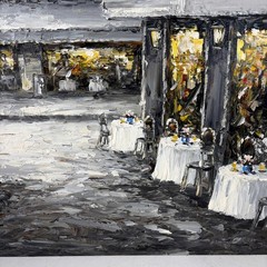 Impressionist Art Painting European City Paris Street Cafe Dining Scene