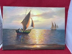 Original Vintage Fishing Sailboats Seascape Sunset Oil Painting Signed