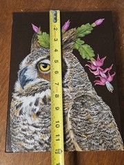 Vicki Sawyer Original Oil Painting Noel Great Horned Owl Cactus Bird Signed 12×9