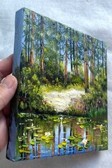 Summer Original Oil Painting Landscape Forest Lake Lilies Wall Art 6 x 6 in