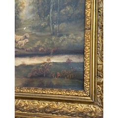 1915 American Pastoral Sheep Landscape Oil Painting by E. A. Olewine