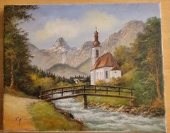 Rolf Hölter Oil Painting Pastoral Scene-Church, Mountains, Brook-Tranquil-12×9.5